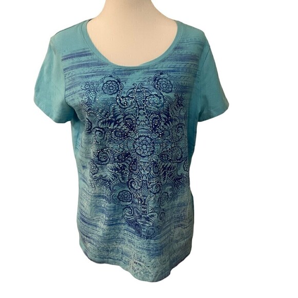 Chicos Women's Size 2 Tops Blue Studded Zenergy Cap Sleeve # 1089 - Picture 2 of 3